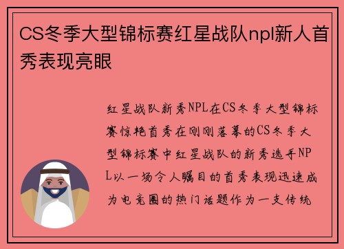 CS冬季大型锦标赛红星战队npl新人首秀表现亮眼